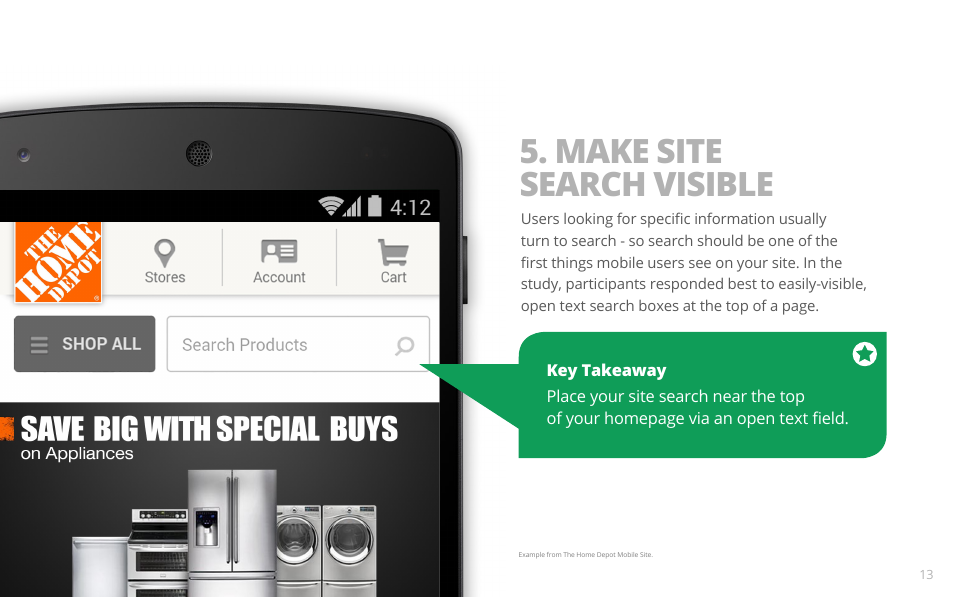 Make site search visible | Google PRINCIPLES OF MOBILE SITE DESIGN: DELIGHT USERS AND DRIVE CONVERSIONS User Manual | Page 13 / 42