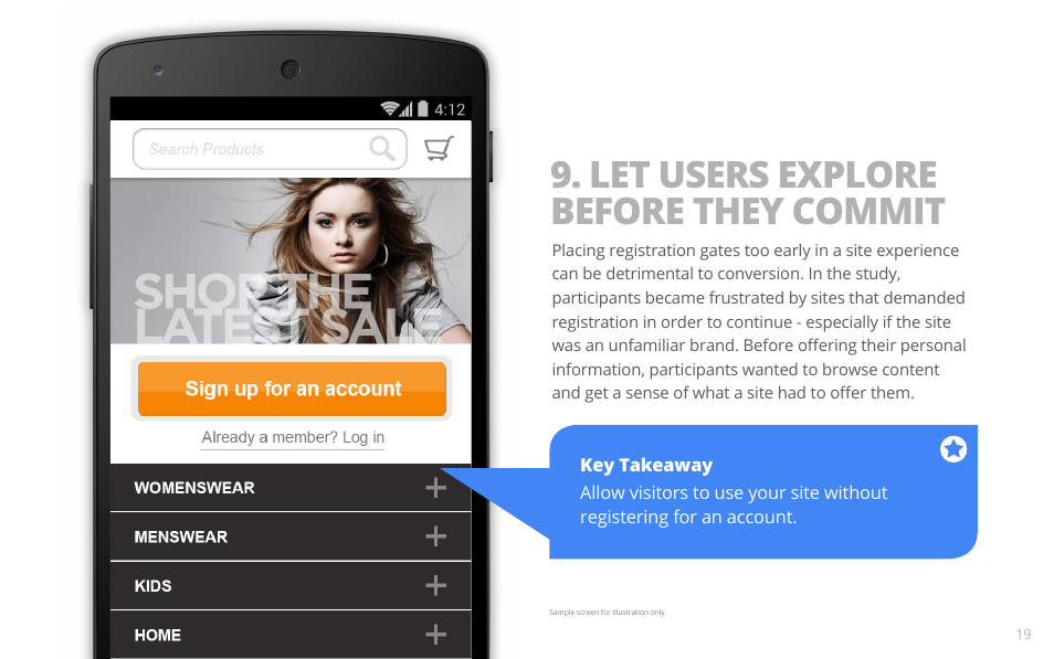 Let users explore before they commit | Google PRINCIPLES OF MOBILE SITE DESIGN: DELIGHT USERS AND DRIVE CONVERSIONS User Manual | Page 19 / 42