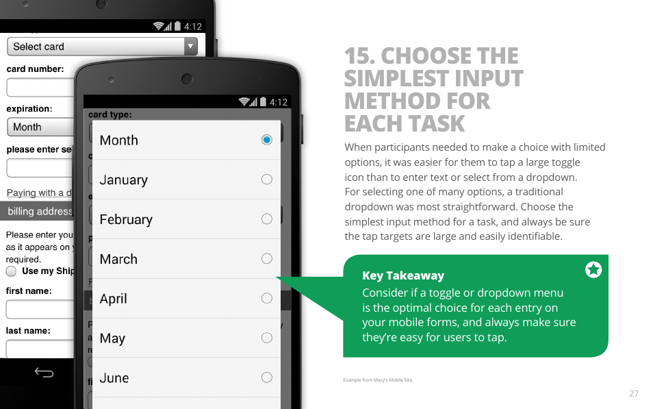 Choose the simplest input method for each task | Google PRINCIPLES OF MOBILE SITE DESIGN: DELIGHT USERS AND DRIVE CONVERSIONS User Manual | Page 27 / 42