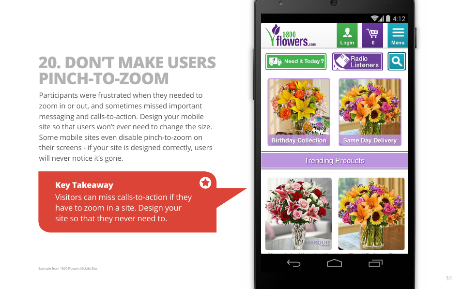 Don’t make users pinch-to-zoom | Google PRINCIPLES OF MOBILE SITE DESIGN: DELIGHT USERS AND DRIVE CONVERSIONS User Manual | Page 34 / 42