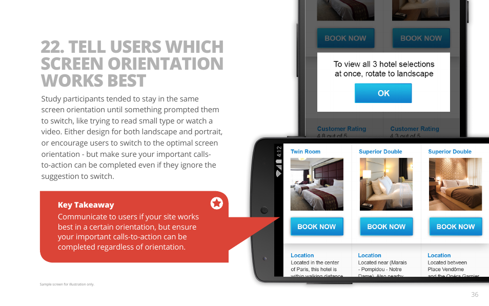 Tell users which screen orientation works best | Google PRINCIPLES OF MOBILE SITE DESIGN: DELIGHT USERS AND DRIVE CONVERSIONS User Manual | Page 36 / 42