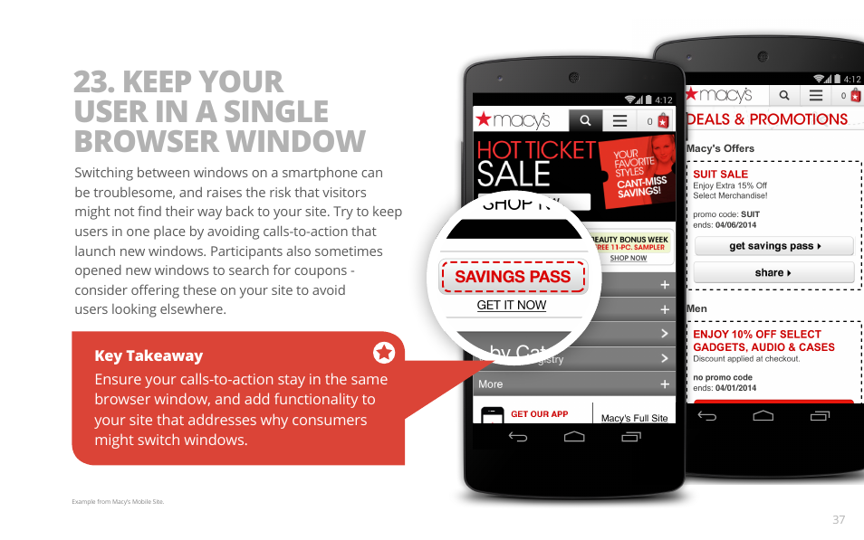 Keep your user in a single browser window | Google PRINCIPLES OF MOBILE SITE DESIGN: DELIGHT USERS AND DRIVE CONVERSIONS User Manual | Page 37 / 42