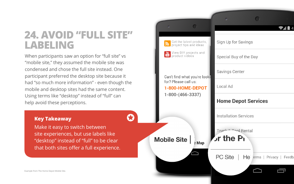 Avoid “full site” labeling | Google PRINCIPLES OF MOBILE SITE DESIGN: DELIGHT USERS AND DRIVE CONVERSIONS User Manual | Page 38 / 42