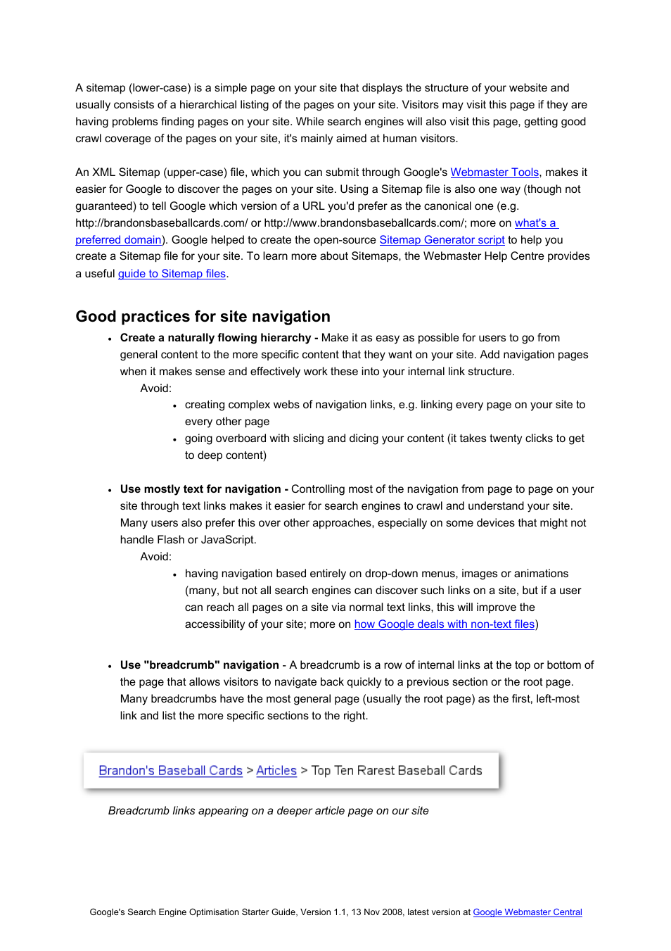 Good practices for site navigation | Google Search Engine Optimisation Starter Guide User Manual | Page 10 / 22