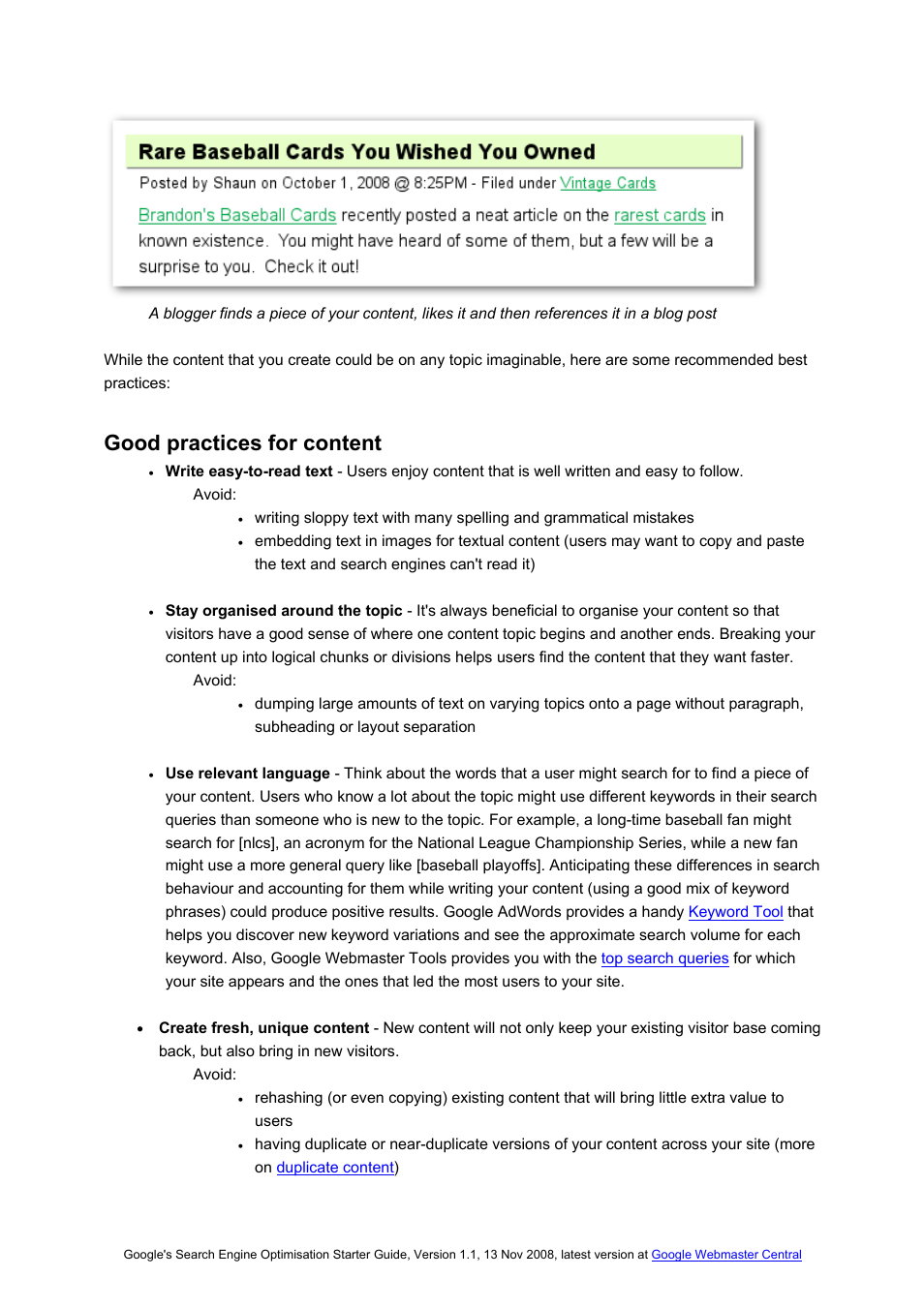Good practices for content | Google Search Engine Optimisation Starter Guide User Manual | Page 12 / 22