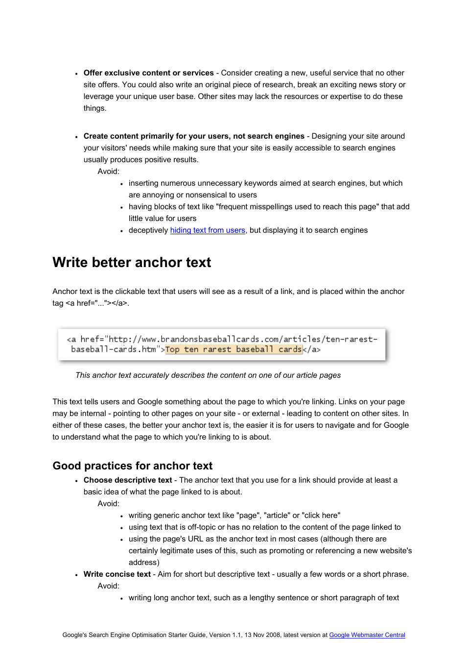 Write better anchor text, Good practices for anchor text | Google Search Engine Optimisation Starter Guide User Manual | Page 13 / 22