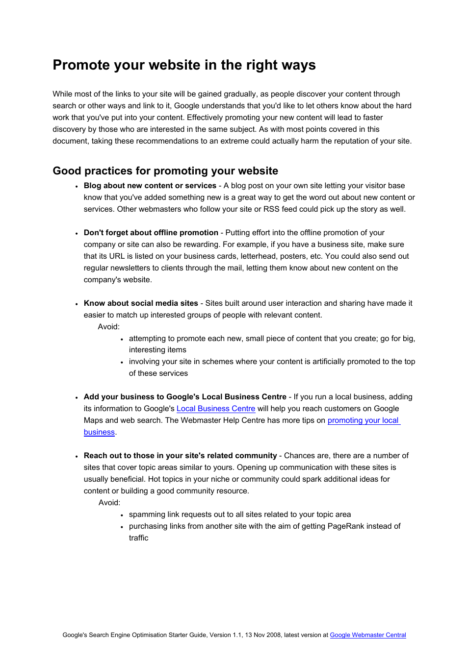 Promote your website in the right ways, Good practices for promoting your website | Google Search Engine Optimisation Starter Guide User Manual | Page 20 / 22