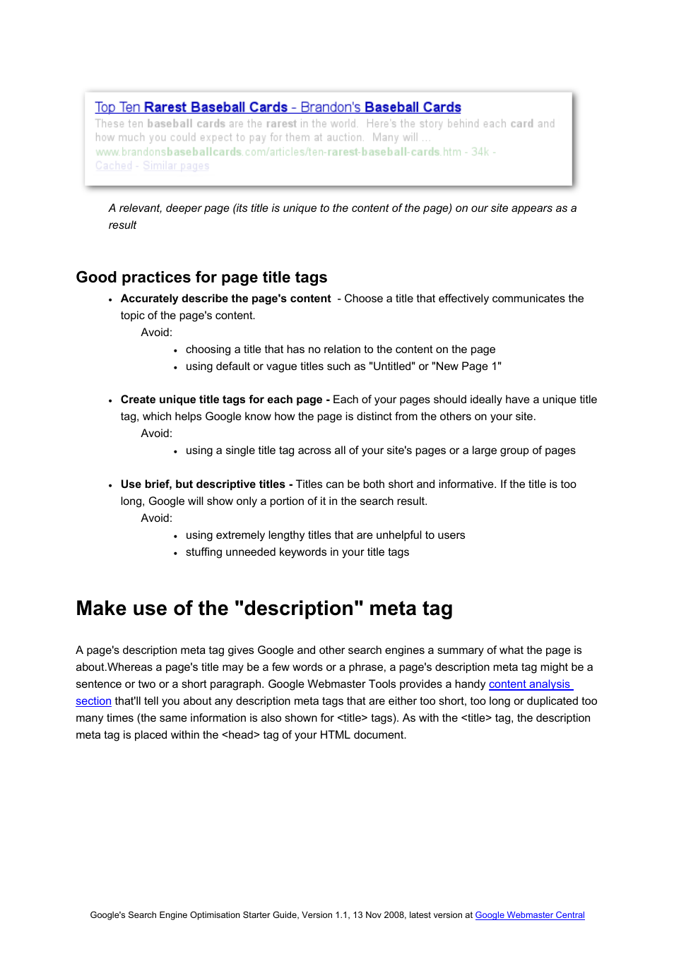 Make use of the "description" meta tag, Good practices for page title tags | Google Search Engine Optimisation Starter Guide User Manual | Page 4 / 22