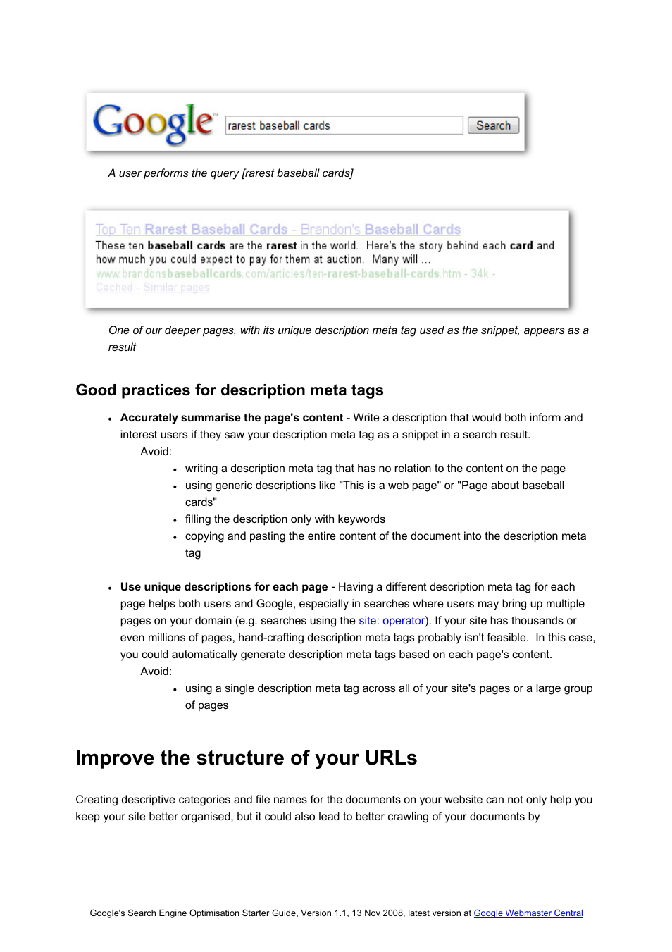 Improve the structure of your urls, Good practices for description meta tags | Google Search Engine Optimisation Starter Guide User Manual | Page 6 / 22