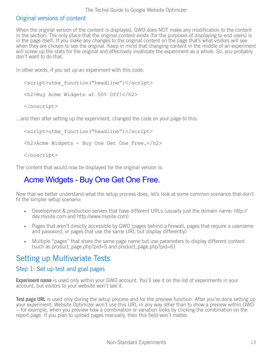Setting up multivariate tests, Acme widgets - buy one get one free | Google Website Optimizer v 1.0 The Techie Guide User Manual | Page 13 / 26