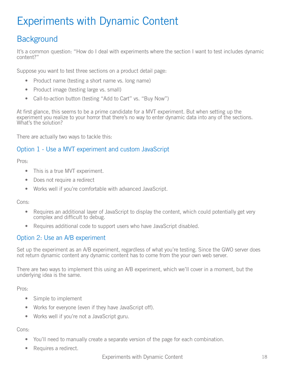 Experiments with dynamic content, Background, Background 18 | Google Website Optimizer v 1.0 The Techie Guide User Manual | Page 18 / 26