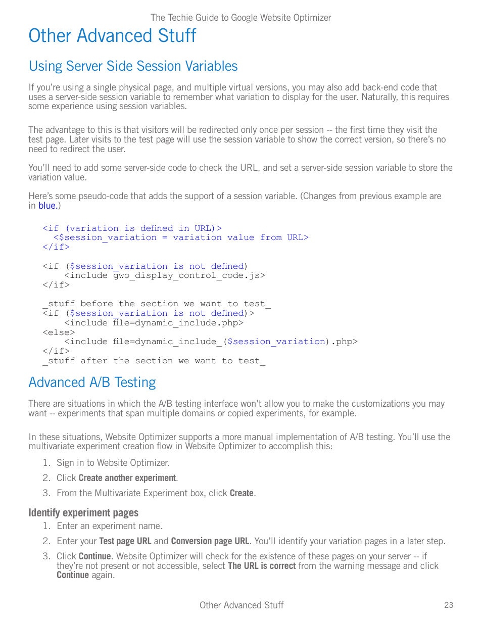 Other advanced stuff, Using server side session variables, Advanced a/b testing | Other advanced stuff 23 | Google Website Optimizer v 1.0 The Techie Guide User Manual | Page 23 / 26