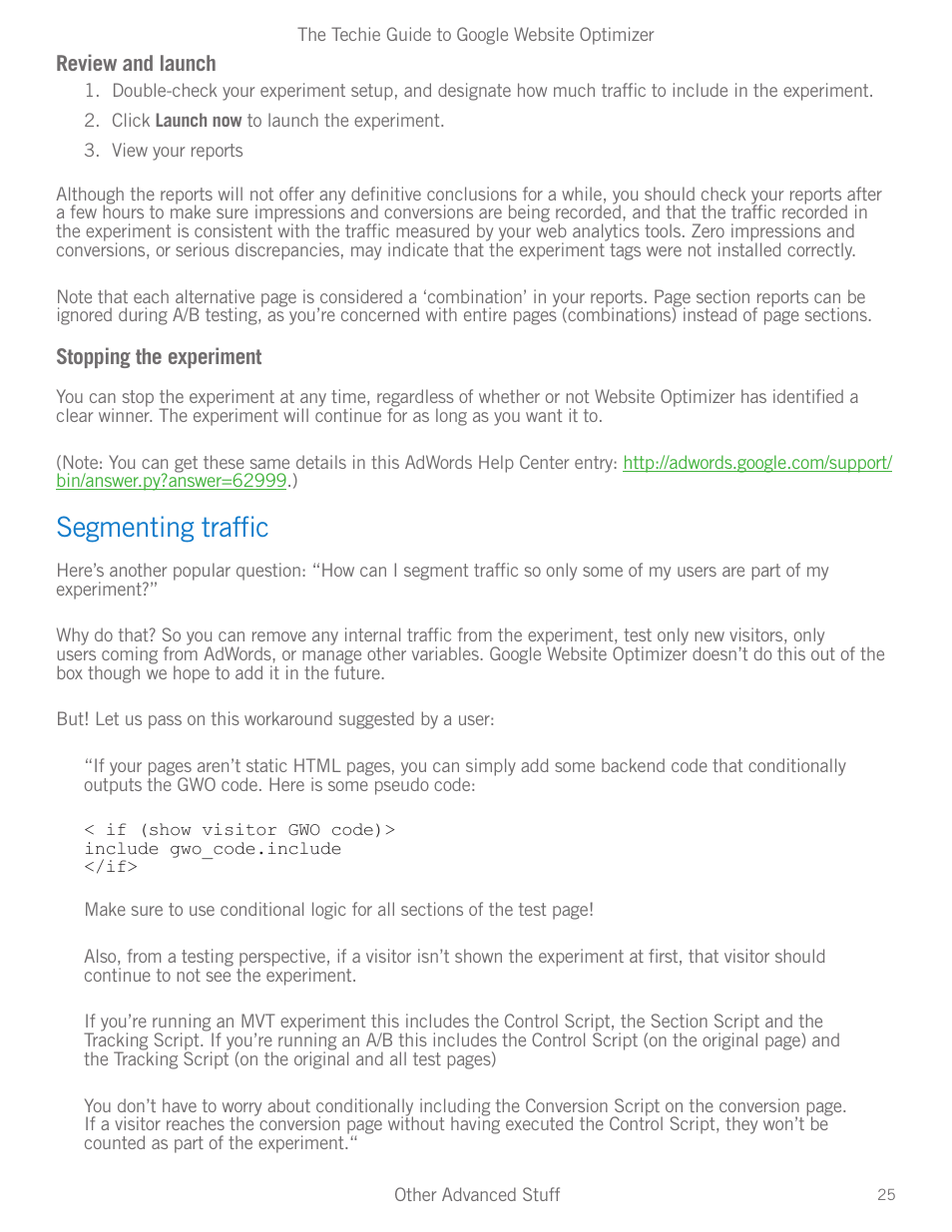 Segmenting traffic, Segmenting traffic 25 | Google Website Optimizer v 1.0 The Techie Guide User Manual | Page 25 / 26