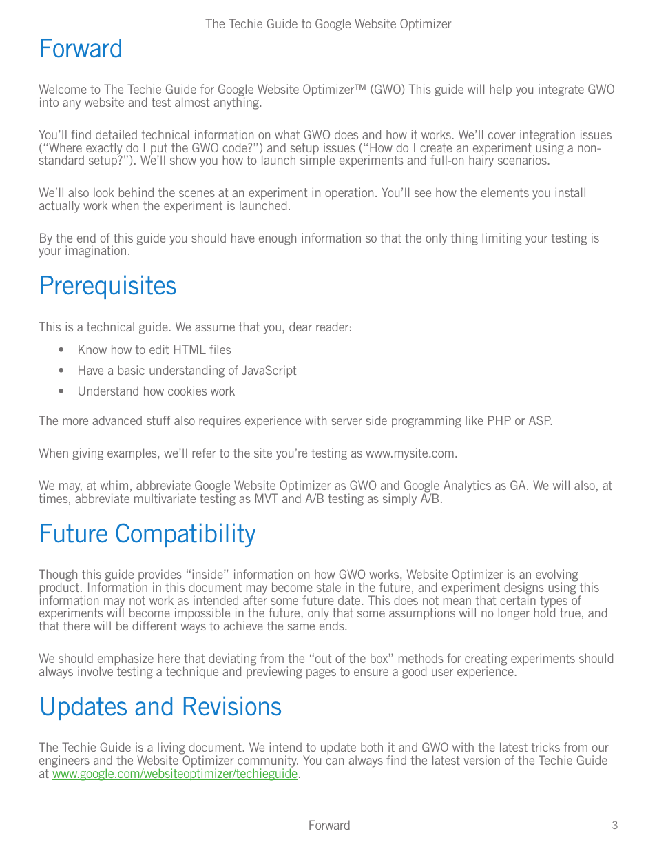 Forward, Prerequisites, Future compatibility | Updates and revisions, Forward 3 prerequisites 3 future compatibility, Updates and revisions 3 | Google Website Optimizer v 1.0 The Techie Guide User Manual | Page 3 / 26