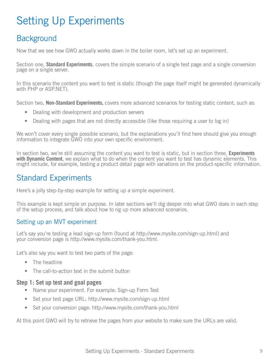 Setting up experiments, Background, Standard experiments | Setting up experiments 9, Background 9 standard experiments | Google Website Optimizer v 1.0 The Techie Guide User Manual | Page 9 / 26