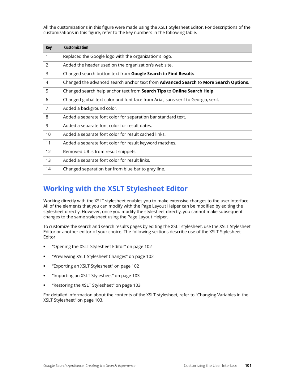 Working with the xslt stylesheet editor | Google Search Appliance Creating the Search Experience User Manual | Page 101 / 141