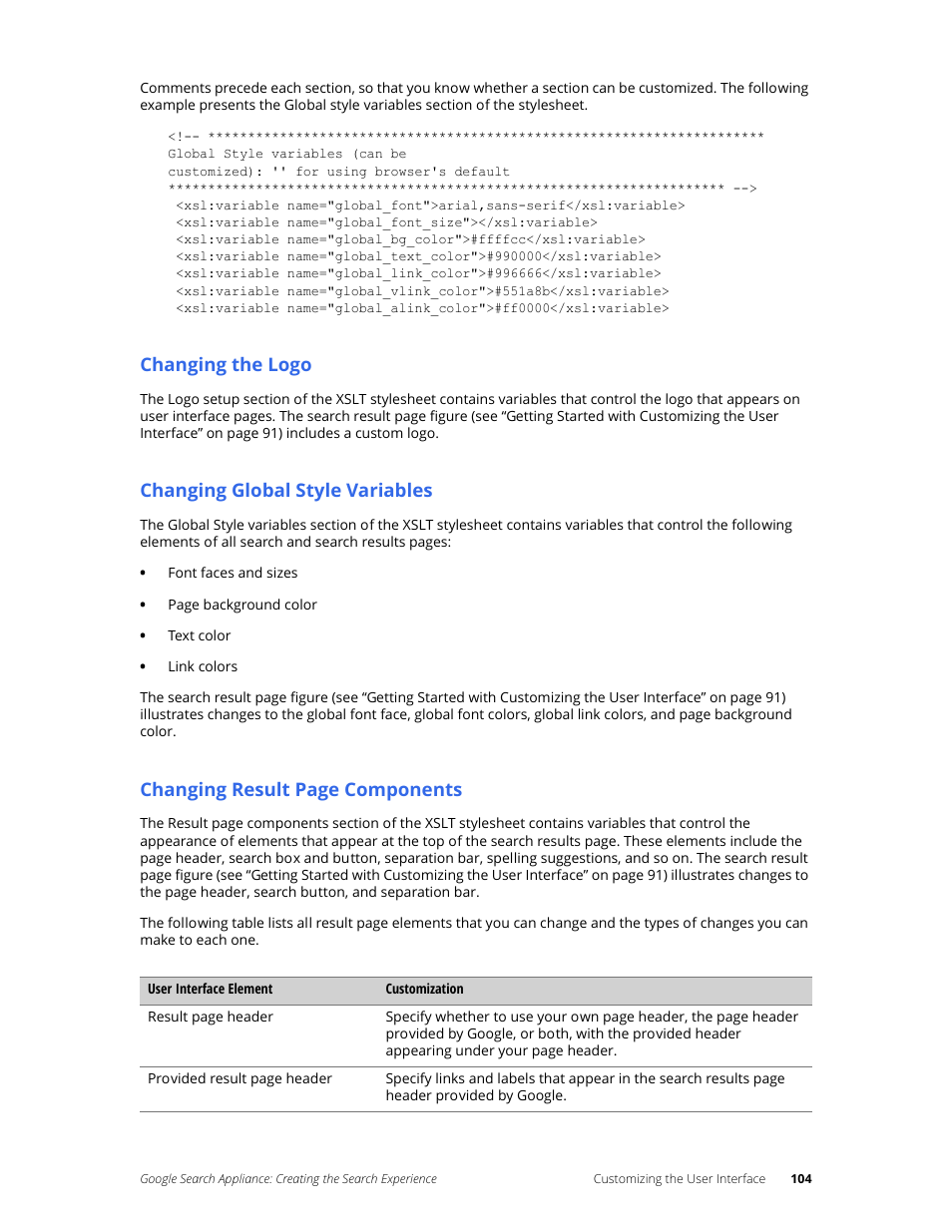 Changing the logo, Changing global style variables, Changing result page components | Google Search Appliance Creating the Search Experience User Manual | Page 104 / 141