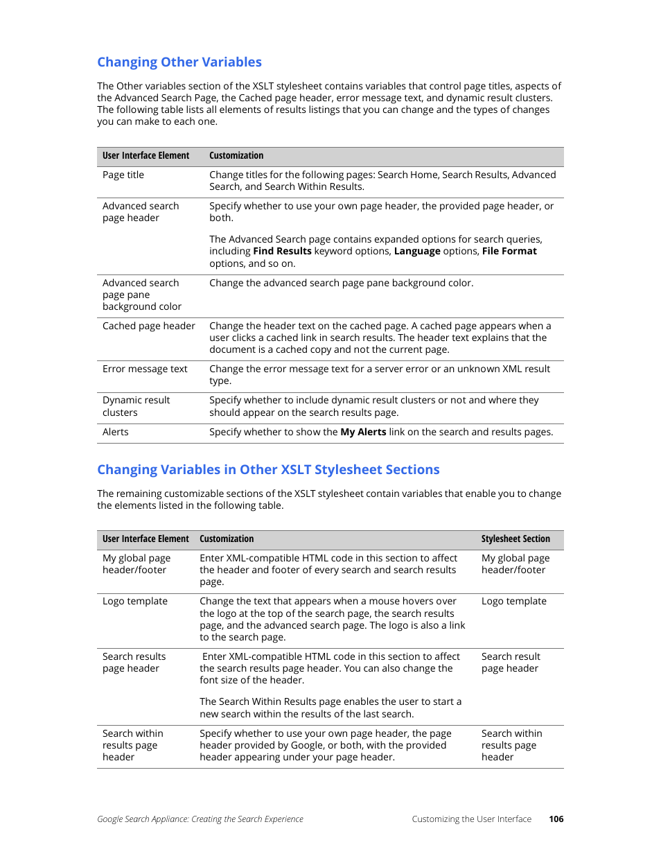 Changing other variables | Google Search Appliance Creating the Search Experience User Manual | Page 106 / 141