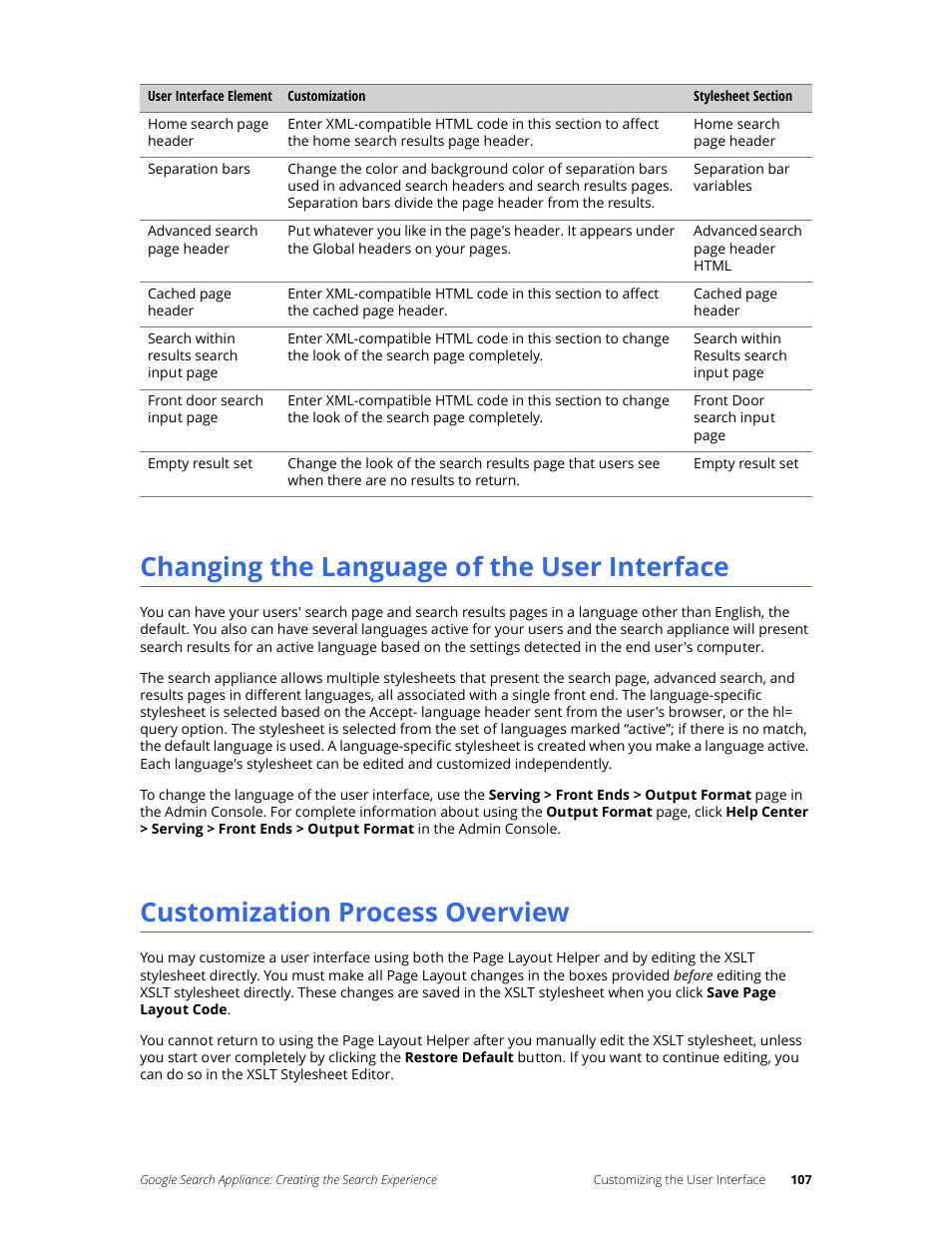 Changing the language of the user interface, Customization process overview | Google Search Appliance Creating the Search Experience User Manual | Page 107 / 141