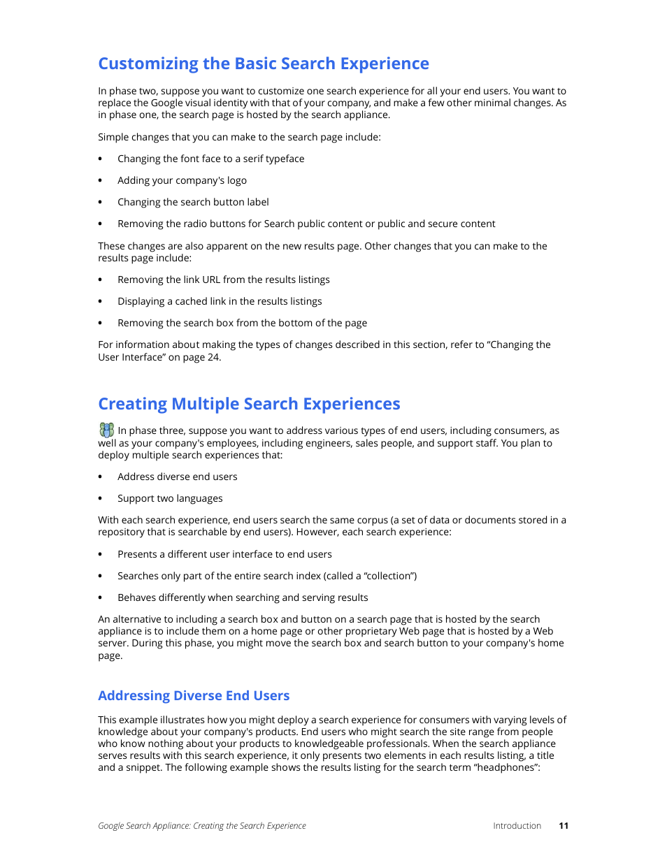 Customizing the basic search experience, Creating multiple search experiences, Addressing diverse end users | Google Search Appliance Creating the Search Experience User Manual | Page 11 / 141