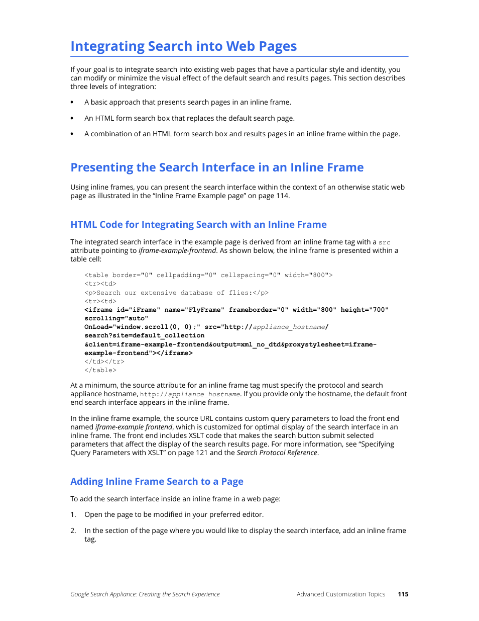 Presenting the search interface in an inline frame, Integrating search into web pages | Google Search Appliance Creating the Search Experience User Manual | Page 115 / 141