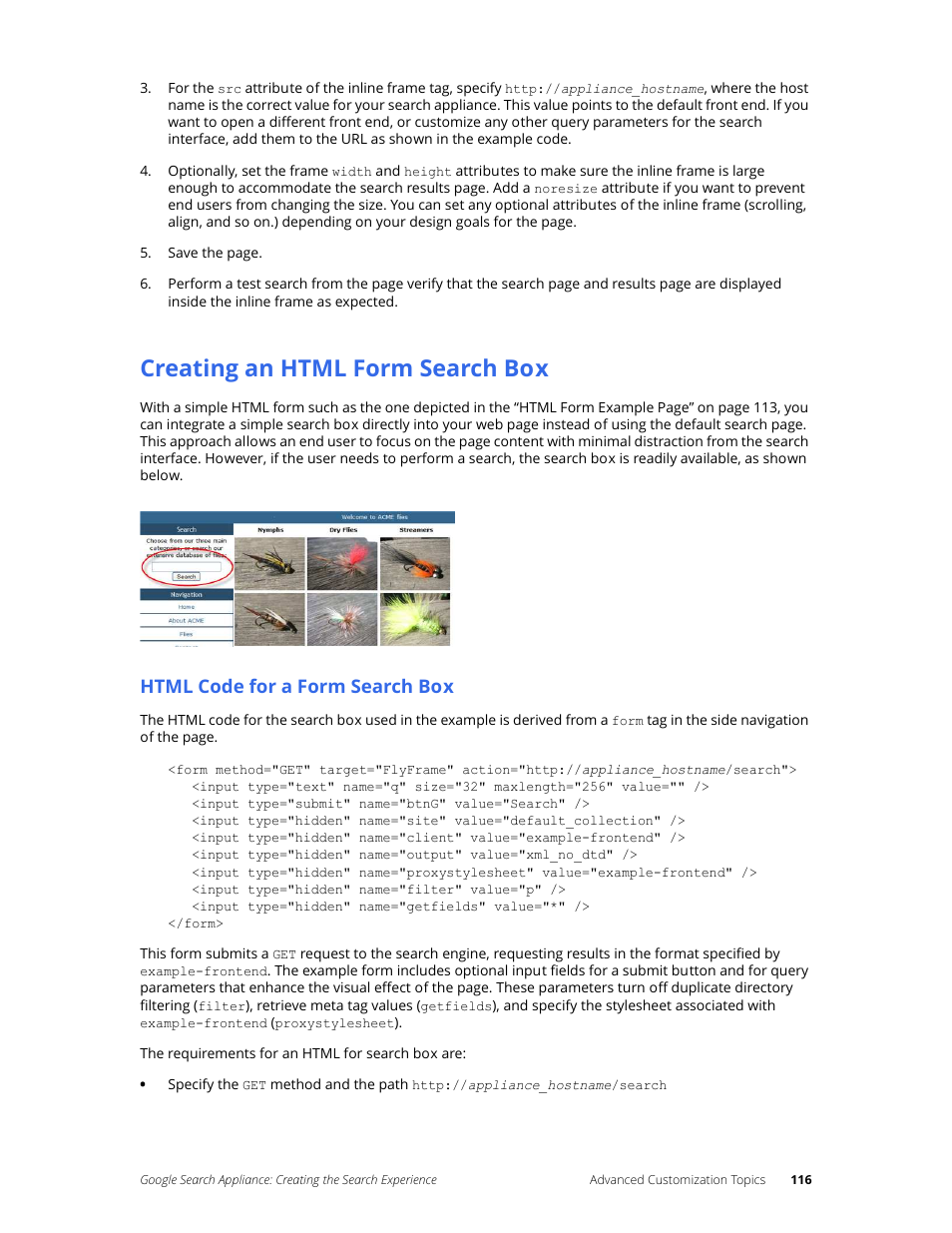 Creating an html form search box, Html code for a form search box | Google Search Appliance Creating the Search Experience User Manual | Page 116 / 141