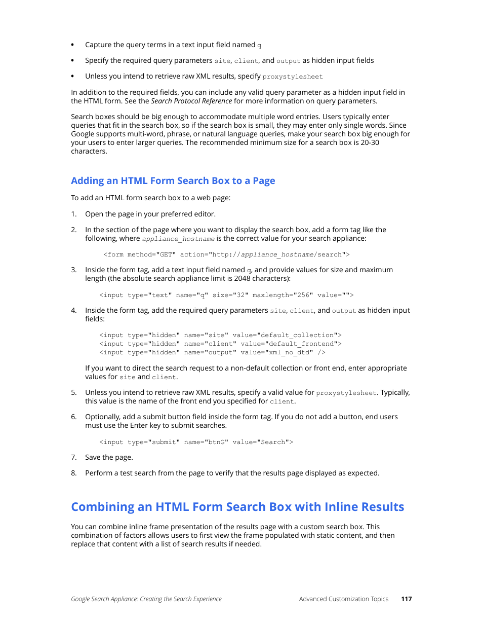Adding an html form search box to a page | Google Search Appliance Creating the Search Experience User Manual | Page 117 / 141