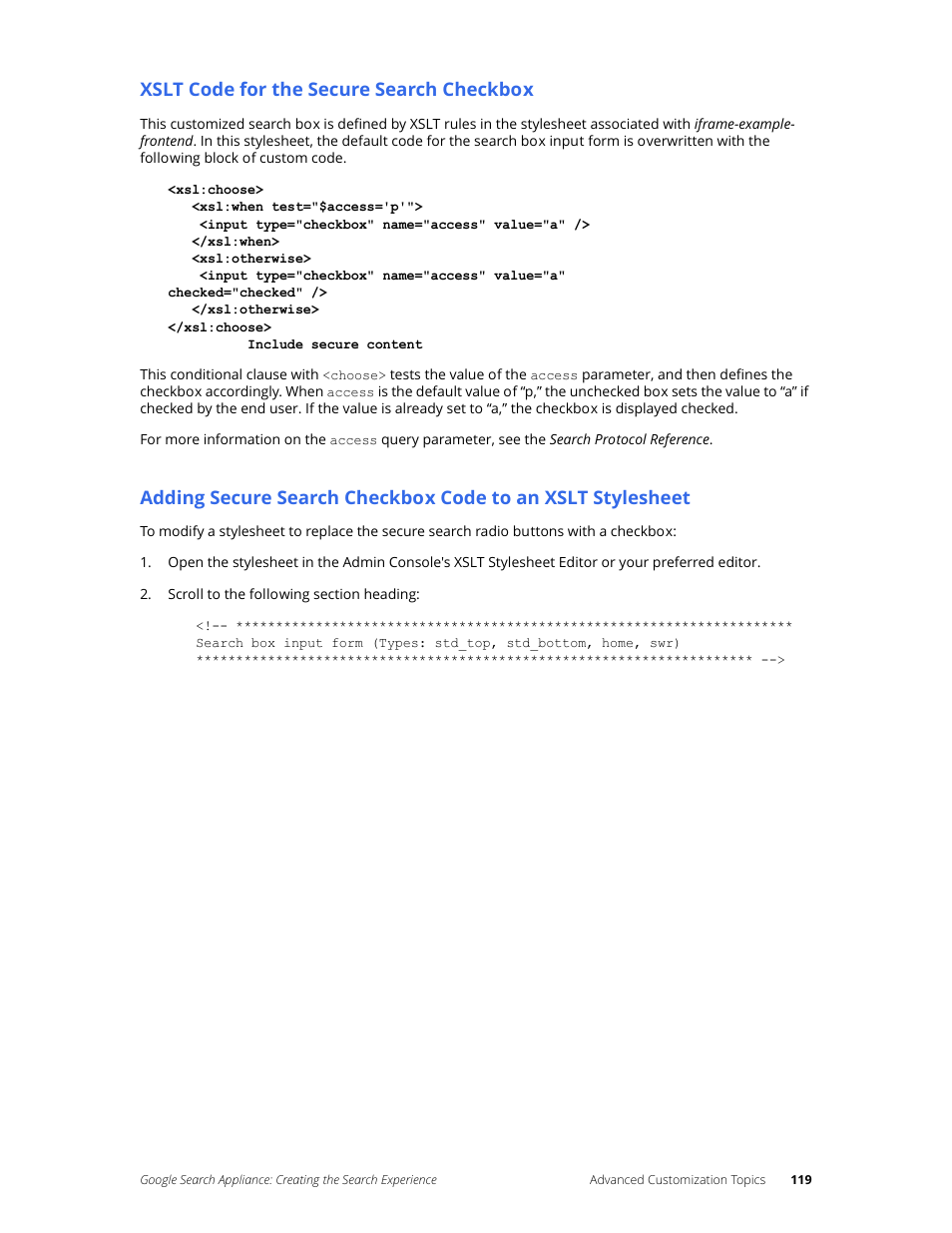 Xslt code for the secure search checkbox | Google Search Appliance Creating the Search Experience User Manual | Page 119 / 141