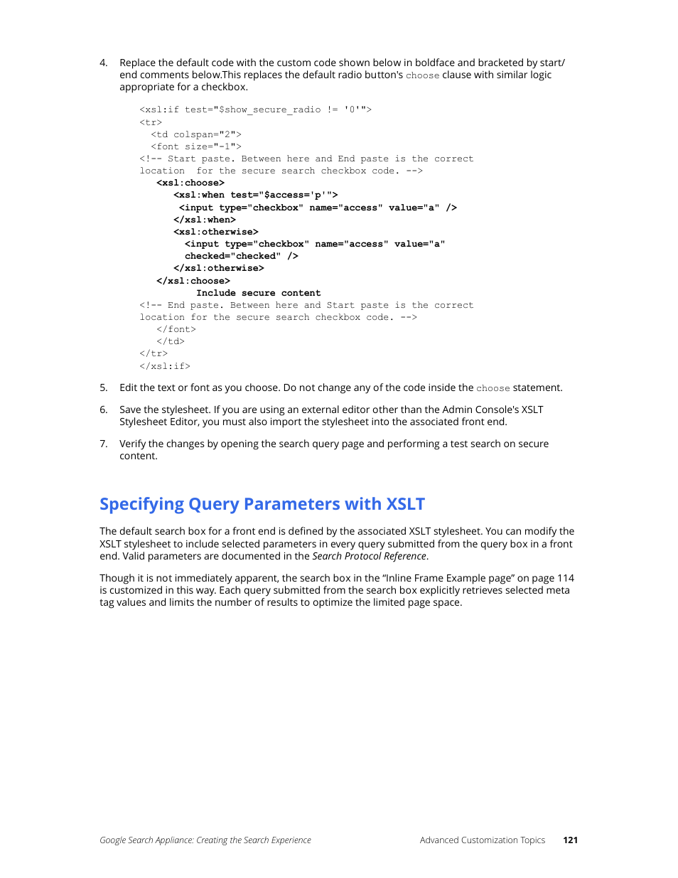 Specifying query parameters with xslt | Google Search Appliance Creating the Search Experience User Manual | Page 121 / 141