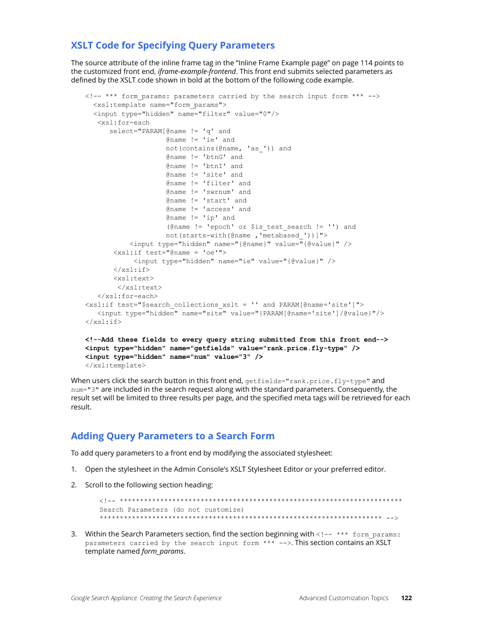 Xslt code for specifying query parameters, Adding query parameters to a search form | Google Search Appliance Creating the Search Experience User Manual | Page 122 / 141