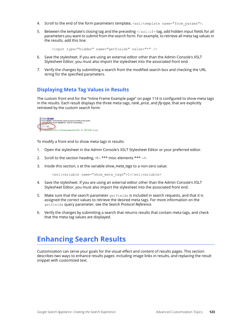 Displaying meta tag values in results, Enhancing search results | Google Search Appliance Creating the Search Experience User Manual | Page 123 / 141