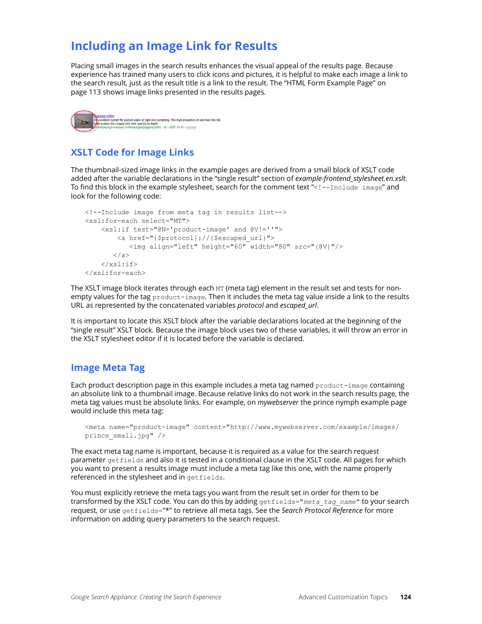 Including an image link for results, Xslt code for image links, Image meta tag | Google Search Appliance Creating the Search Experience User Manual | Page 124 / 141