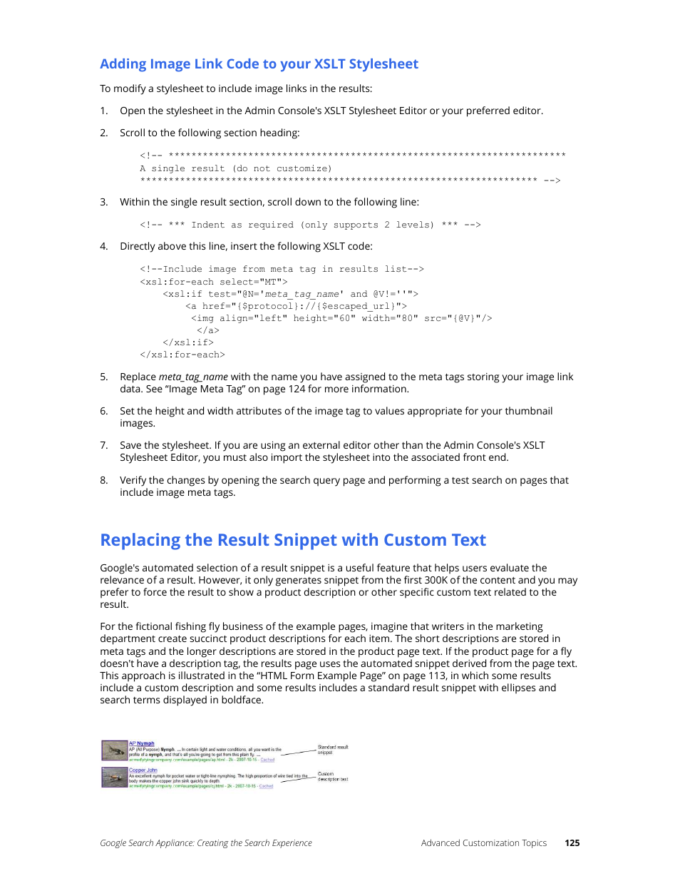 Adding image link code to your xslt stylesheet, Replacing the result snippet with custom text | Google Search Appliance Creating the Search Experience User Manual | Page 125 / 141