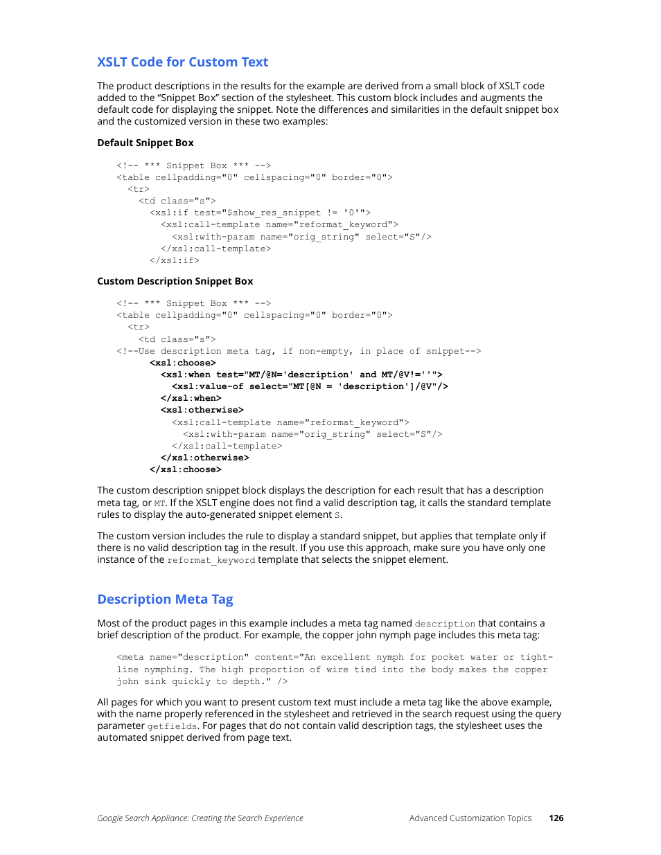 Xslt code for custom text, Description meta tag | Google Search Appliance Creating the Search Experience User Manual | Page 126 / 141