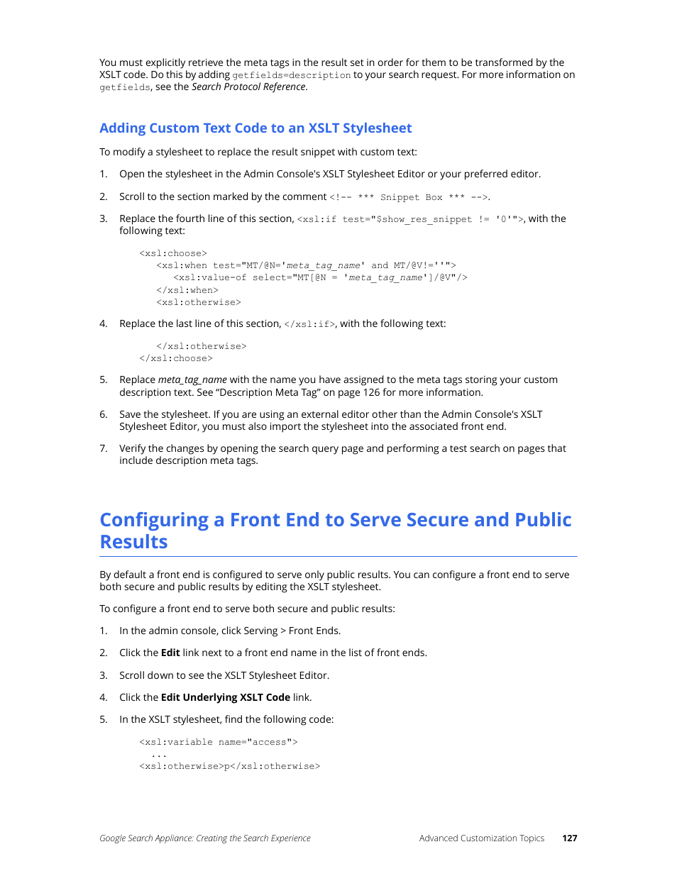 Adding custom text code to an xslt stylesheet | Google Search Appliance Creating the Search Experience User Manual | Page 127 / 141