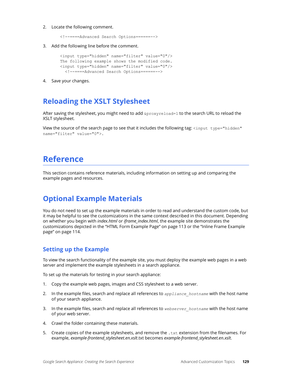 Reloading the xslt stylesheet, Reference, Optional example materials | Setting up the example | Google Search Appliance Creating the Search Experience User Manual | Page 129 / 141