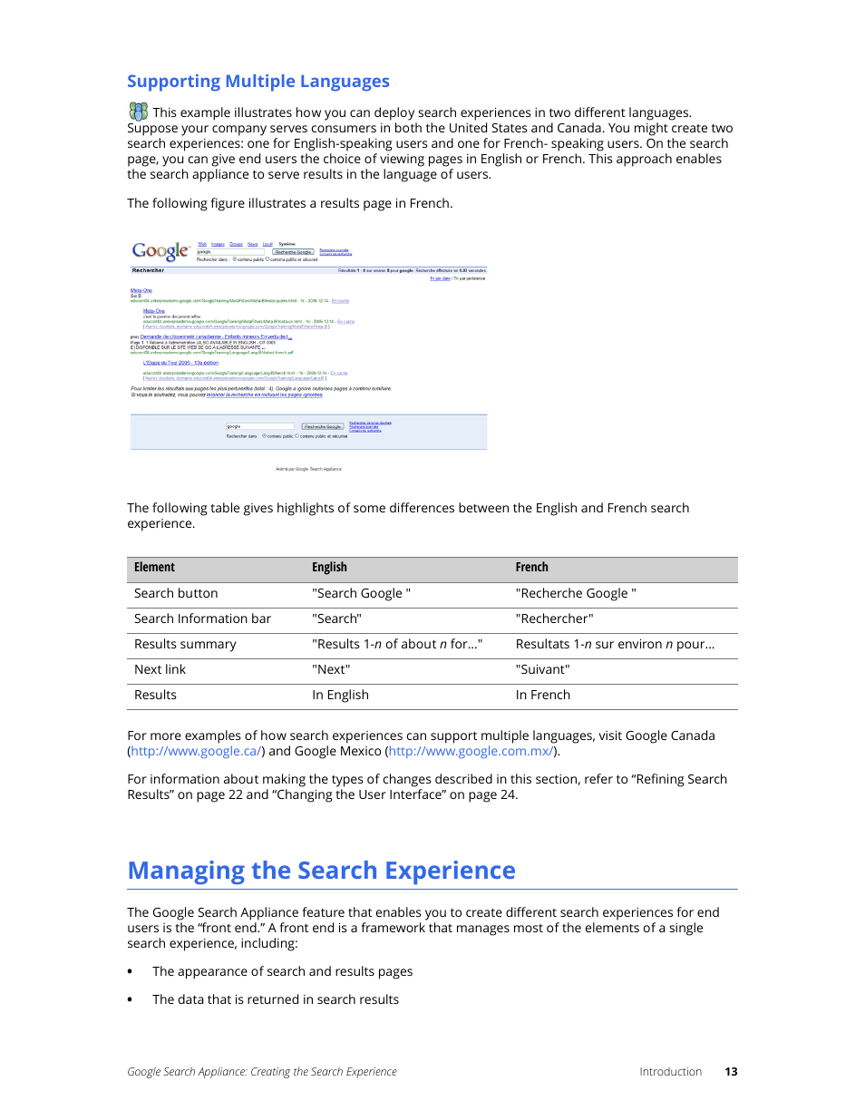 Supporting multiple languages, Managing the search experience | Google Search Appliance Creating the Search Experience User Manual | Page 13 / 141