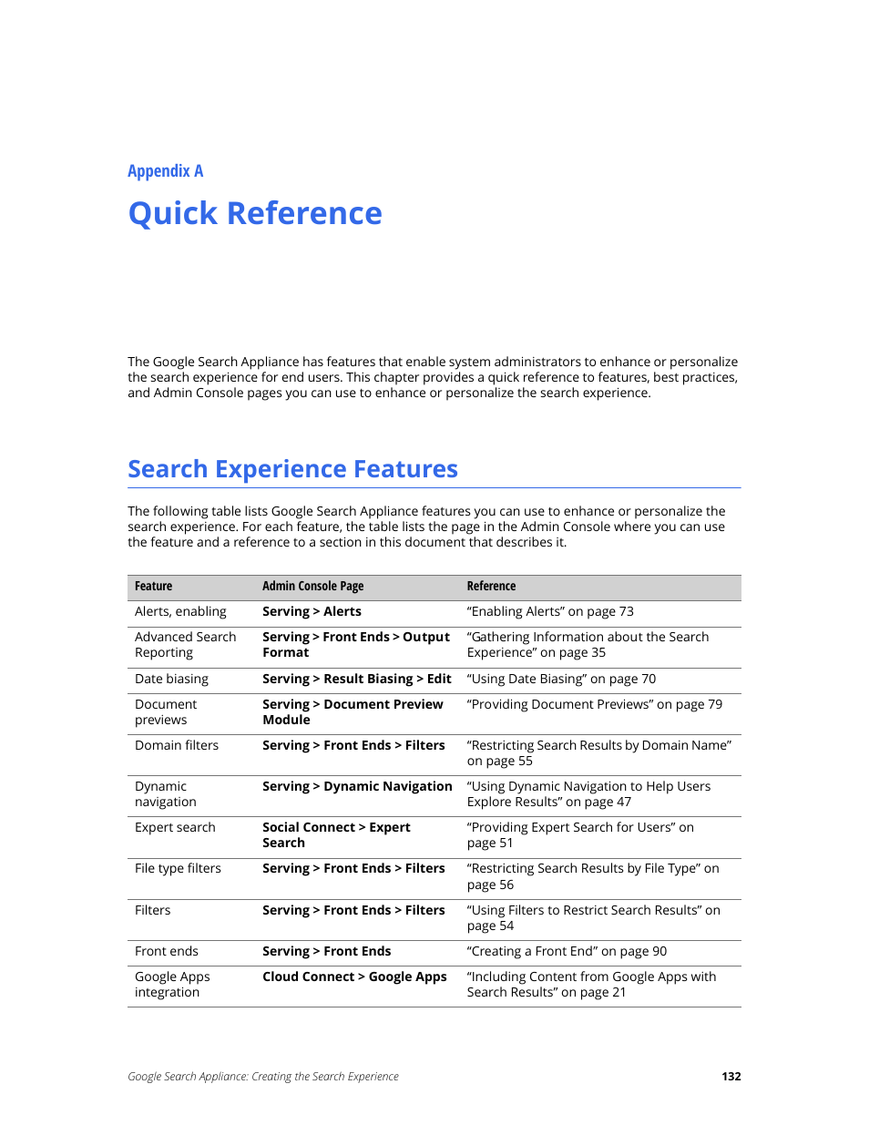 Quick reference, Search experience features, Appendix a | Google Search Appliance Creating the Search Experience User Manual | Page 132 / 141