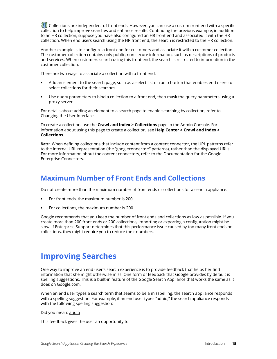 Maximum number of front ends and collections, Improving searches | Google Search Appliance Creating the Search Experience User Manual | Page 15 / 141