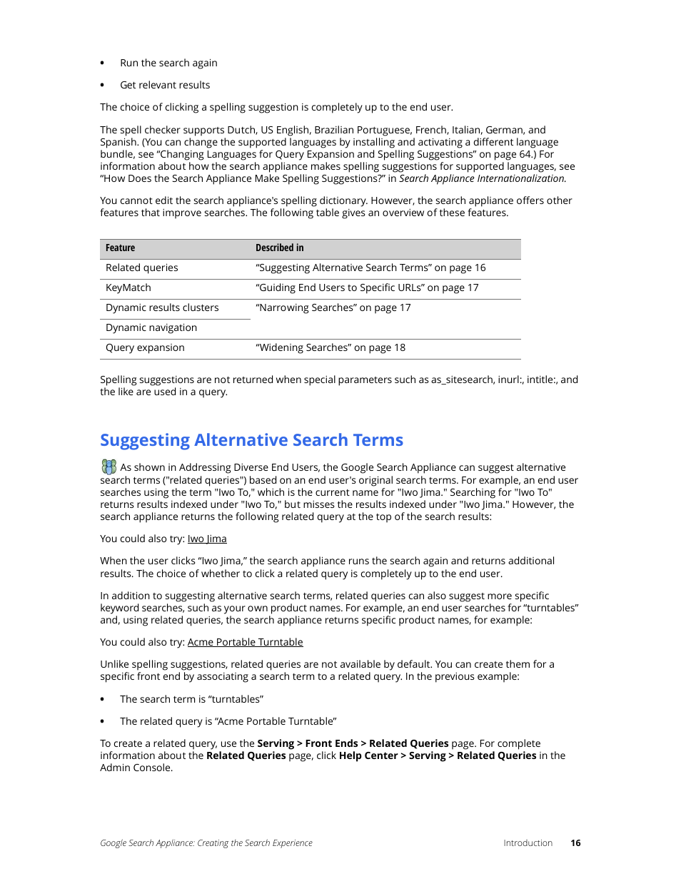 Suggesting alternative search terms | Google Search Appliance Creating the Search Experience User Manual | Page 16 / 141