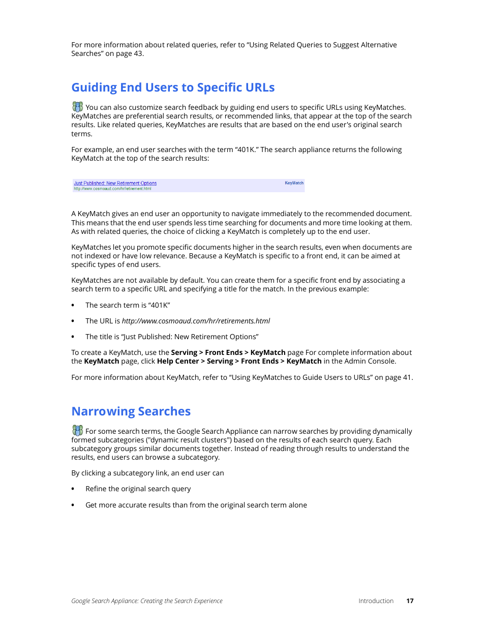 Guiding end users to specific urls, Narrowing searches | Google Search Appliance Creating the Search Experience User Manual | Page 17 / 141