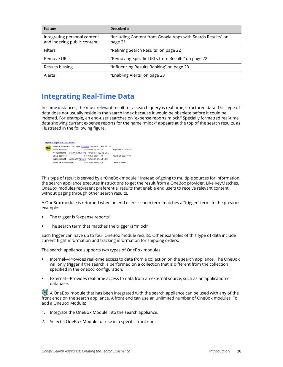 Integrating real-time data | Google Search Appliance Creating the Search Experience User Manual | Page 20 / 141