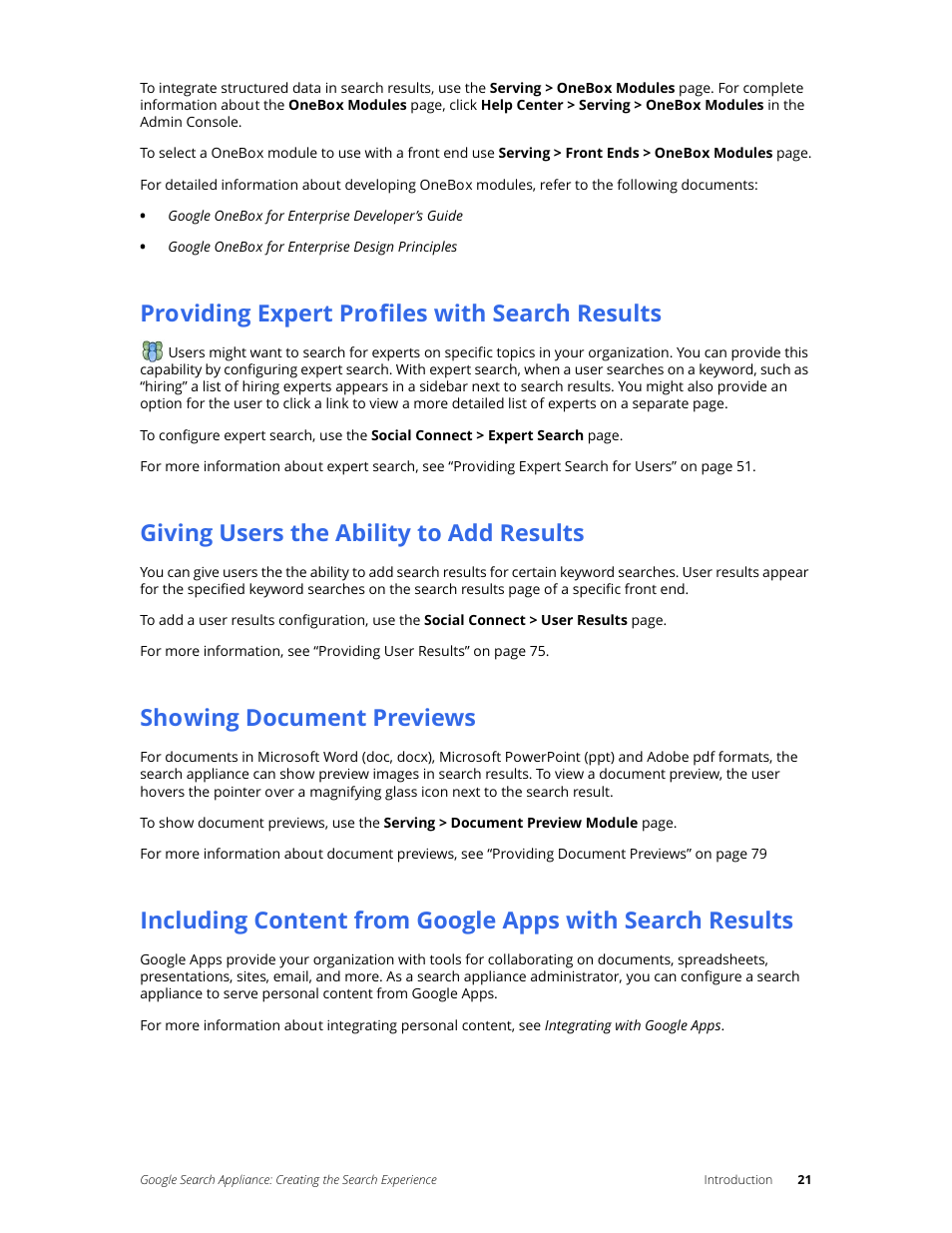 Providing expert profiles with search results, Giving users the ability to add results, Showing document previews | Google Search Appliance Creating the Search Experience User Manual | Page 21 / 141