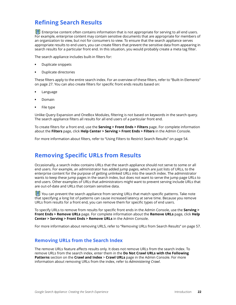 Refining search results, Removing specific urls from results, Removing urls from the search index | Google Search Appliance Creating the Search Experience User Manual | Page 22 / 141