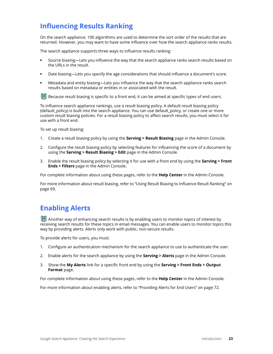 Influencing results ranking, Enabling alerts | Google Search Appliance Creating the Search Experience User Manual | Page 23 / 141