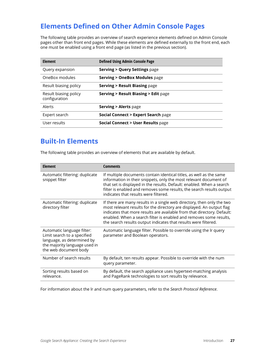 Built-in elements, Elements defined on other admin console pages | Google Search Appliance Creating the Search Experience User Manual | Page 27 / 141