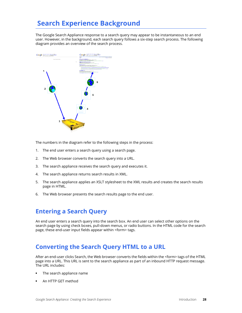 Search experience background, Entering a search query, Converting the search query html to a url | Google Search Appliance Creating the Search Experience User Manual | Page 28 / 141