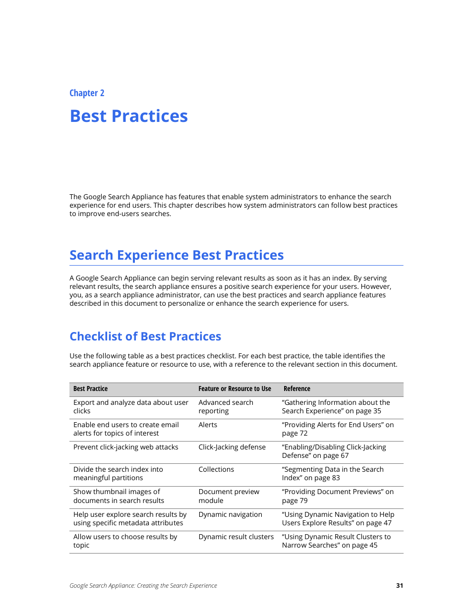 Best practices, Search experience best practices, Checklist of best practices | Chapter 2 | Google Search Appliance Creating the Search Experience User Manual | Page 31 / 141