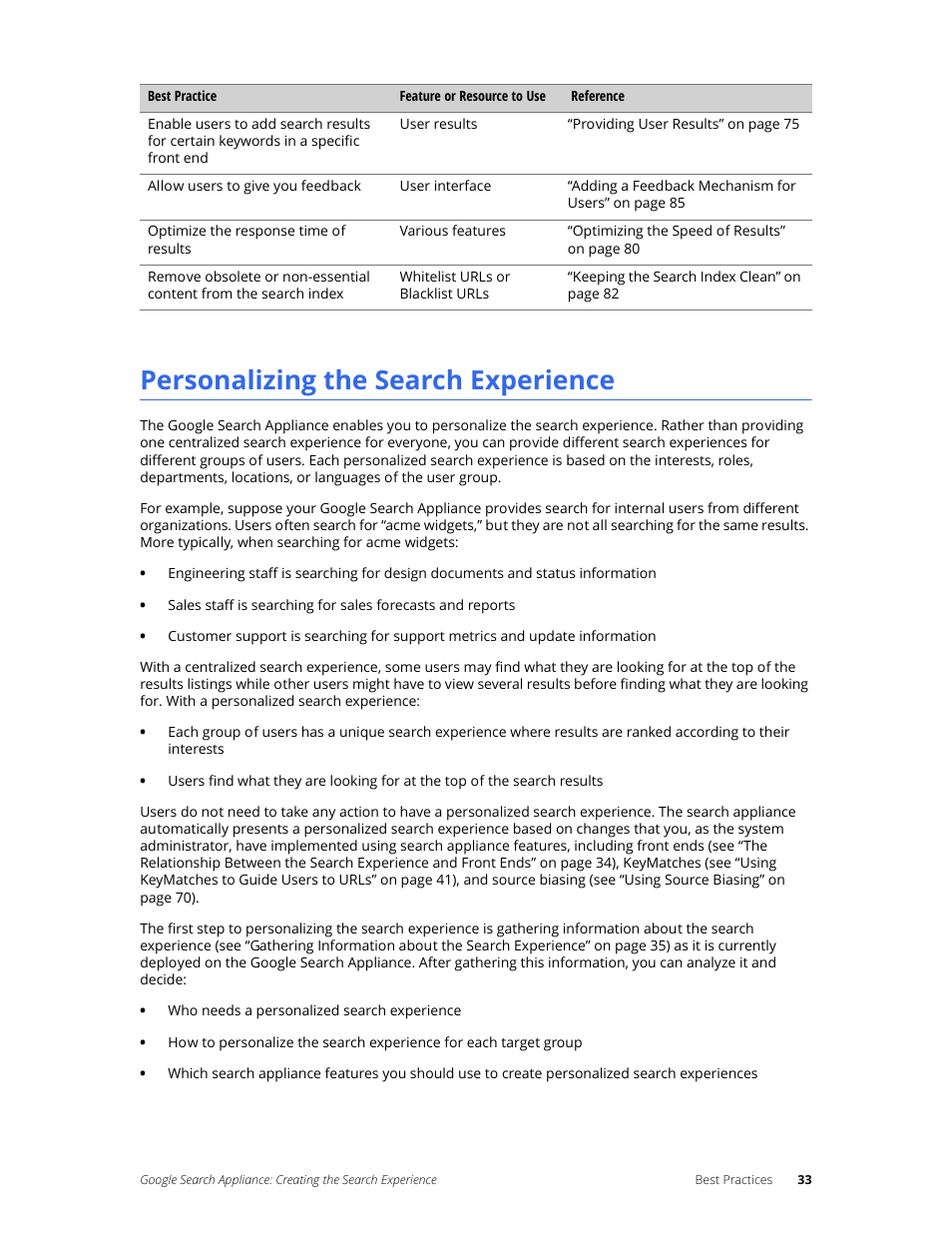 Personalizing the search experience | Google Search Appliance Creating the Search Experience User Manual | Page 33 / 141