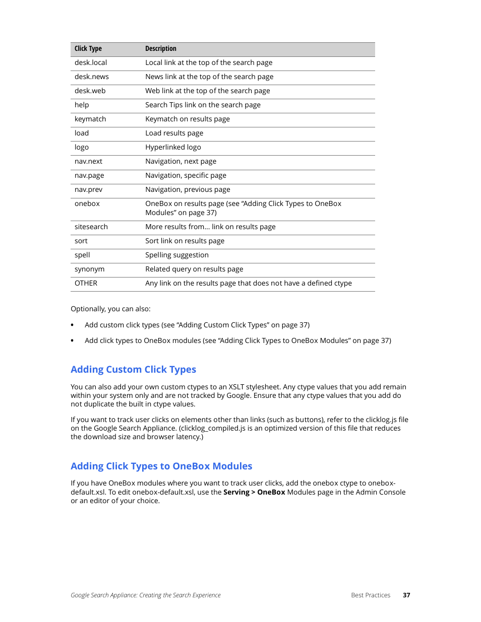 Adding custom click types, Adding click types to onebox modules | Google Search Appliance Creating the Search Experience User Manual | Page 37 / 141